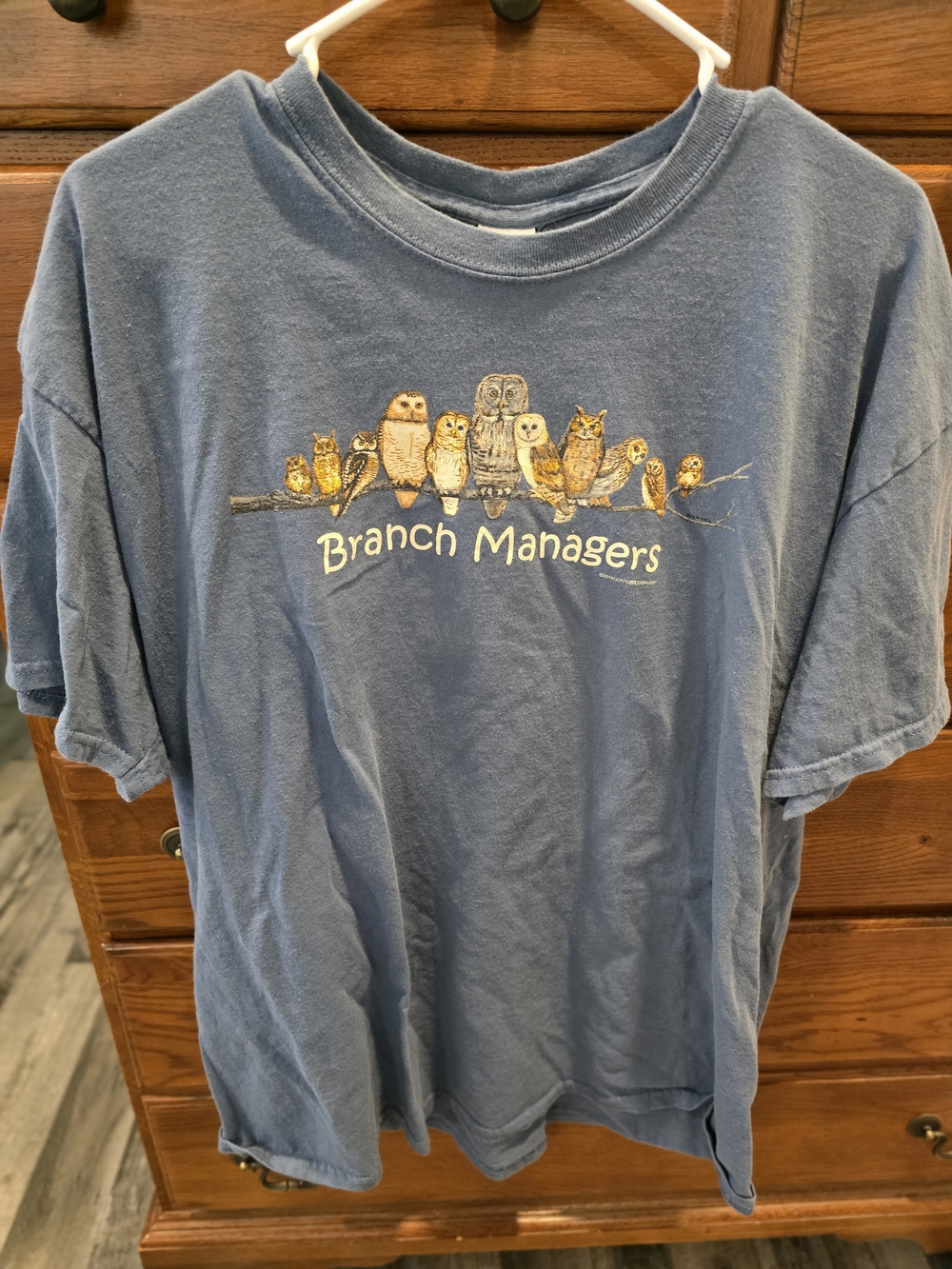 Owls Hanes Blue Crewneck Tee. XL, "Branch Managers